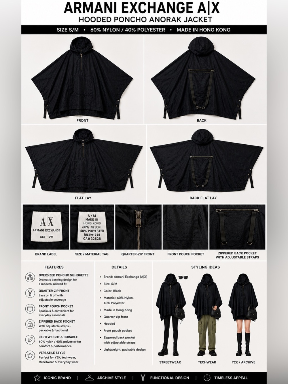 Armani Exchange A|X Hooded Poncho Anorak Jacket S/M Black Batwing Cape Y2K